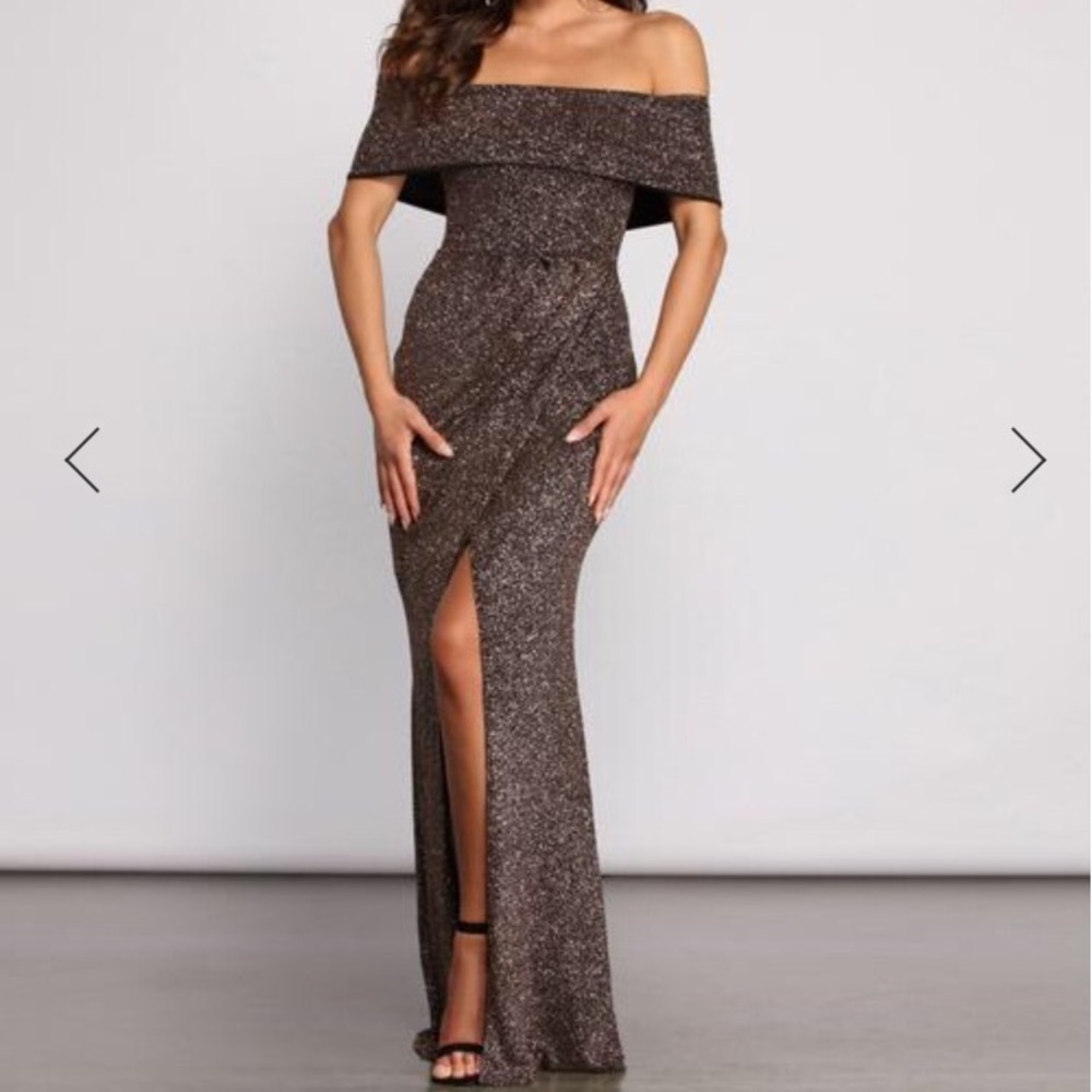 Brown Glitter Long Off shoulder Dress with slit